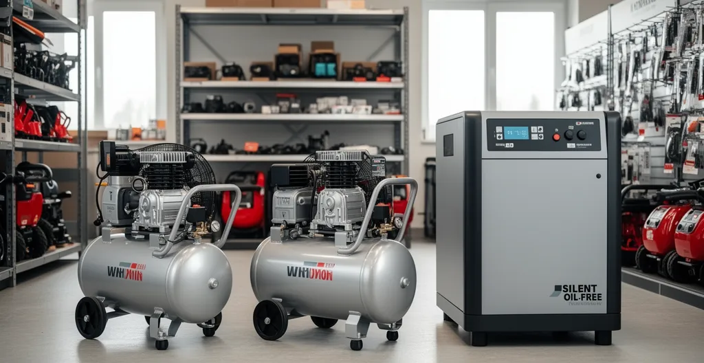 Trois compresseurs de types différents alignés pour comparaison dans un showroom