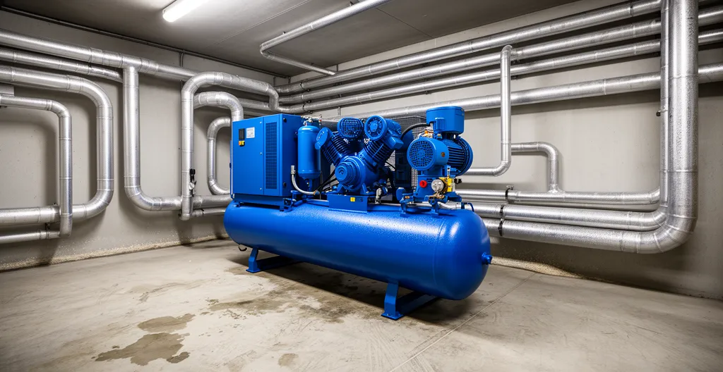 Compresseur à vis professionnel installé dans local technique avec réseau de distribution aluminium