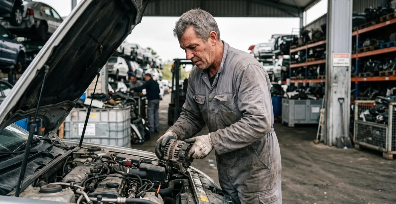 Un professionnel d'une casse automobile inspecte une pièce détachée d'occasion retirée d'un véhicule, dans un dépôt avec rangées d'épaves.