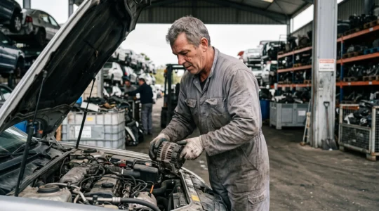 Un professionnel d'une casse automobile inspecte une pièce détachée d'occasion retirée d'un véhicule, dans un dépôt avec rangées d'épaves.