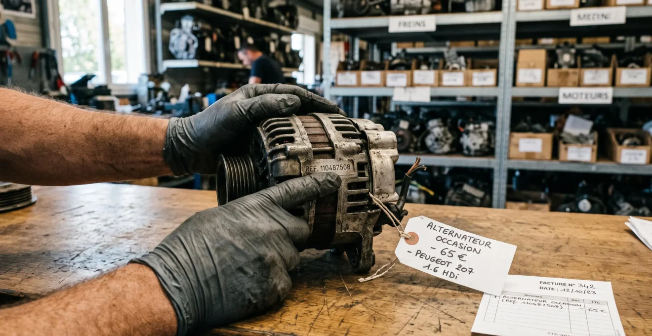 Gants d'un mécanicien vérifiant la référence gravée sur un alternateur d'occasion posé sur un comptoir de casse automobile.